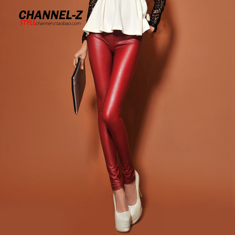 free shipping Channel-z 2012 autumn and winter fashion vintage elastic waist elastic slim pencil basic leather trousers