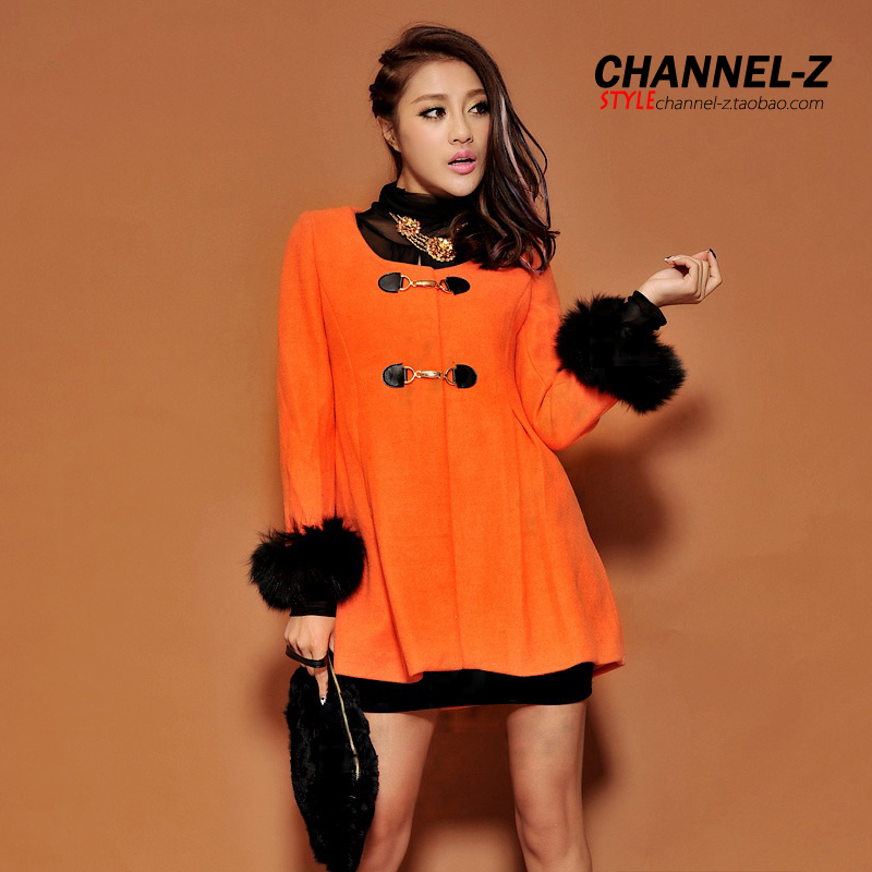 Free shipping Channel-z 2013 fashion autumn and winter vintage ol fox fur skirt leather buckle on wool coat outerwear