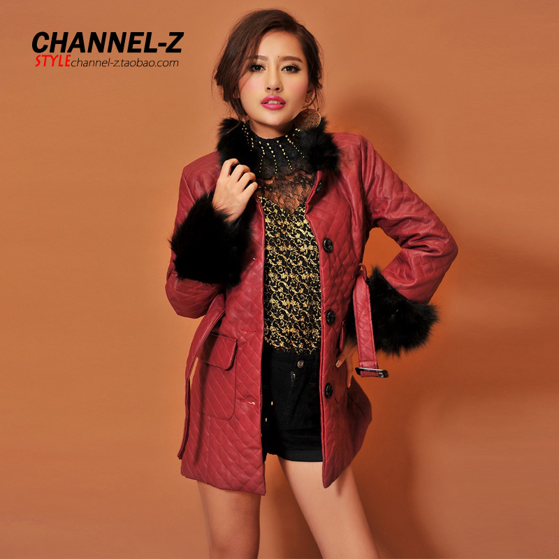 Free shipping Channel-z 2013 fashion autumn and winter vintage plaid rabbit fur belt slim medium-long leather clothing outerwear