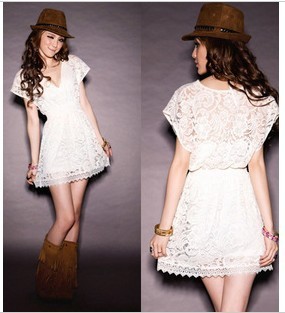 Free Shipping Charm Deep V-Neck Women Sheer Lace Shrink Waist Slim Mini Casual Pleated Dresses