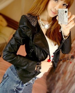 Free shipping Charm Women's Black tassels Round Collar Leather Jacket Outerwear