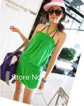 Free shipping  Charming Halter Elastic Waist Dress Green