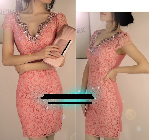 Free Shipping!!! Charming Trendy Rhinestone Embellished V-neck Short Sleeve Lace Slim Club Dress Pink/White FW- 3563