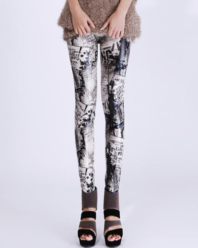 Free Shipping Cheap Fashion Abstract Printed Leggings Faux Leather Tights Skinny Ladies Pants