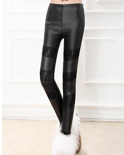 Free Shipping Cheap Fashion Faux Leather Leggings with Lace Insets Women's Pants Skinny Tights