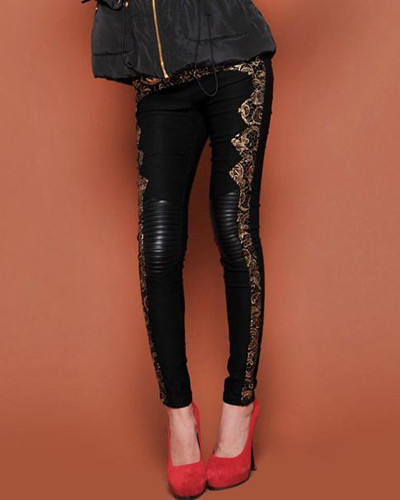 Free Shipping Cheap Fashion Skinny Faux Leather Panels Leggings Gold Embroidery Pencil Pants Footless Tights