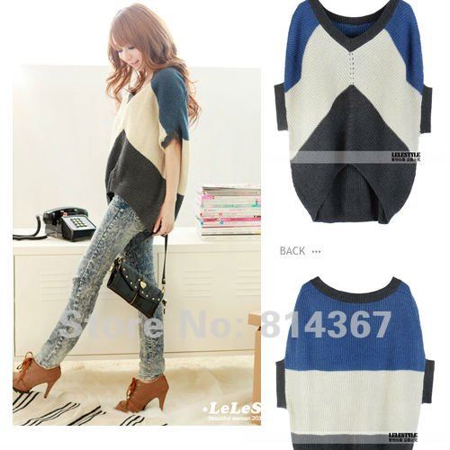 FREE SHIPPING CHIC BATWING SLEEVE V-NECK HALF SLEEVE SWEATER JUMPER  BLUE BROWN SIZE F WF-0127