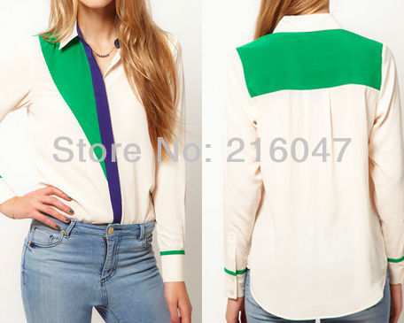 Free Shipping Chic Lapel Long Sleeve Patchwork Chiffon Shirt WF-0067