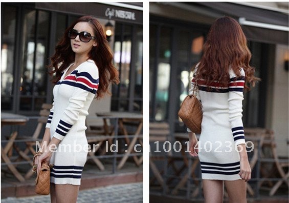 Free Shipping  CHIC STRIPED V NECK LONG SWEATER QUALITY GOODS Free Size