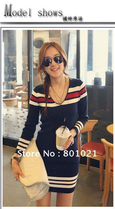 Free Shipping CHIC STRIPED V NECK LONG Women Ladies SWEATER 1759