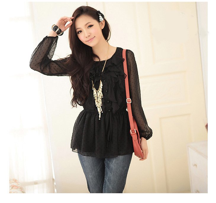 Free shipping chiffon plus size women shirts blouses fashion dot fabric flounce button waist ribbon  2 colors S-XXXL