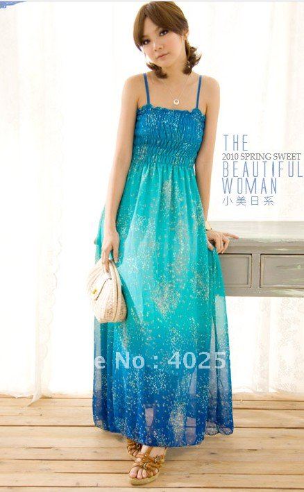 Free Shipping/Chiffon skirt/Bohemian beach skirt Spaghetti strap A-line ankle-length  blue color style #630-8