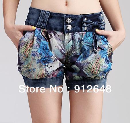 Free   shipping  Chiffon stitching denim shorts