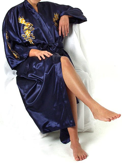 Free shipping!Chinese style women's Silk dragon bathrobe robe gown sleepwear, navy blue rrr