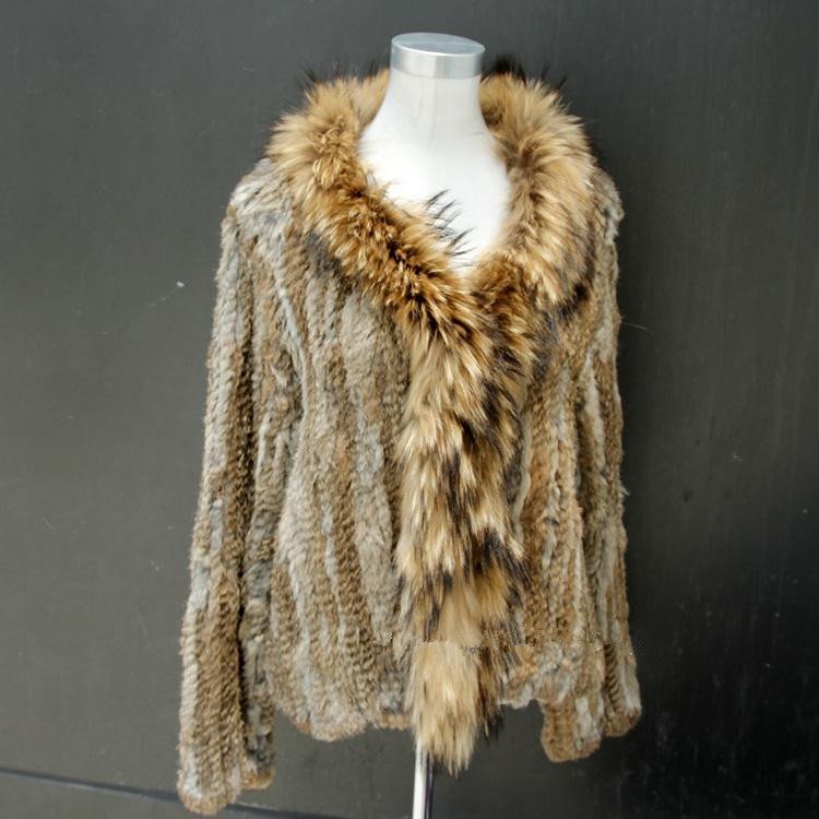 Free Shipping Chopop 2012 Hot Sale Knitted Rabbit Fur Coat with Raccoondog Trimmings Long Sleeves OEM