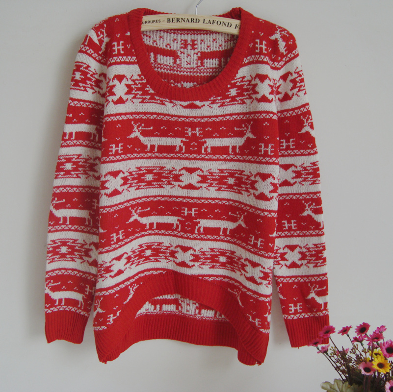 Free  shipping, Christmas deer double faced sweater low-high preppy style o-neck pullover sweater