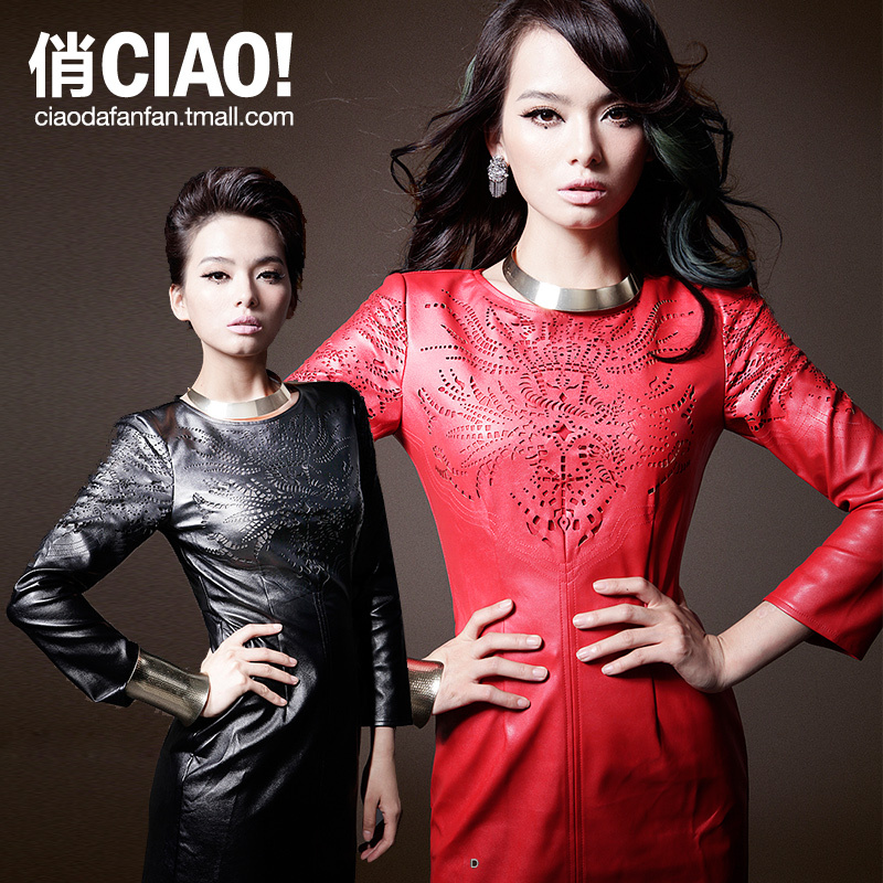 Free Shipping! Ciao Dafanfan! 2012 Autumn and Winter Women's Fashion Vintage PU Leather Cutout Slim Black,Red Dress C0645#