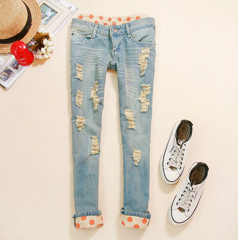 Free shipping Classical Vintage Detailed Woman Side Bow Cutout Ripped Denim Sexy Jeans Jeggings Trousers