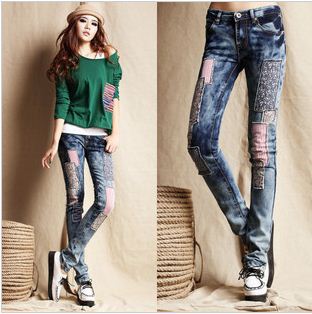 Free shipping Classical Vintage Detailed Woman Side Bow Cutout Ripped Denim Sexy Jeans Jeggings Trousers