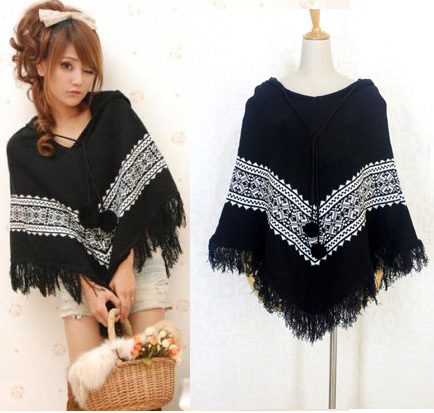 Free Shipping Cloak with a hood belt fur ball black-matrix white print tassel sweater 3351 MY