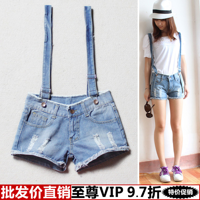 Free Shipping Clothing yi  clothes 2013 women's fashion wearing white retro finishing letter denim suspenders shorts wholesale