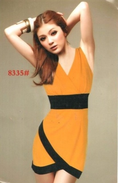 free shipping Color Block Slim Waist Deep V Neck Dress Yellow JM12042422 us