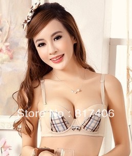 Free Shipping Comfortable body adhibit hundreds plaid sweet gathering bra underwear set  Wholesale