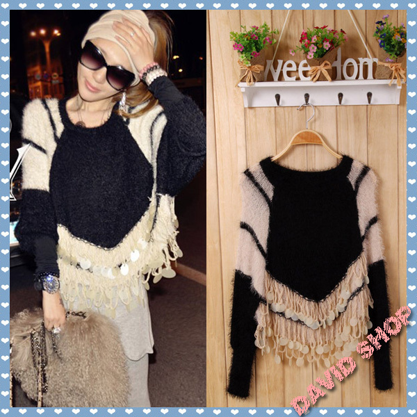 Free shipping Contrasting color jacket tassels sequined shawl knitted sweater