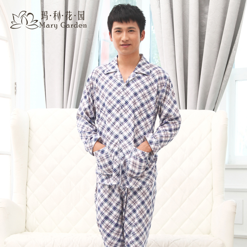 Free shipping Cool spring and autumn summer male long-sleeve sleep set plaid pure cotton lounge 11m33206