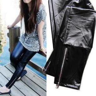 Free shipping Cool women imitation leather leggings with zipper, Fashion leather leggings, thinning pants