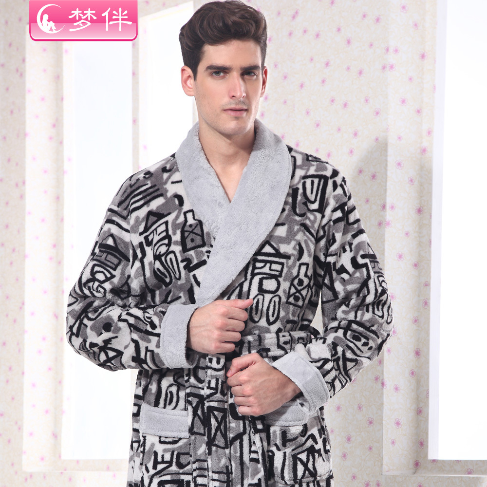 Free shipping Coral fleece sleepwear male thickening lounge autumn and winter thermal robe m739