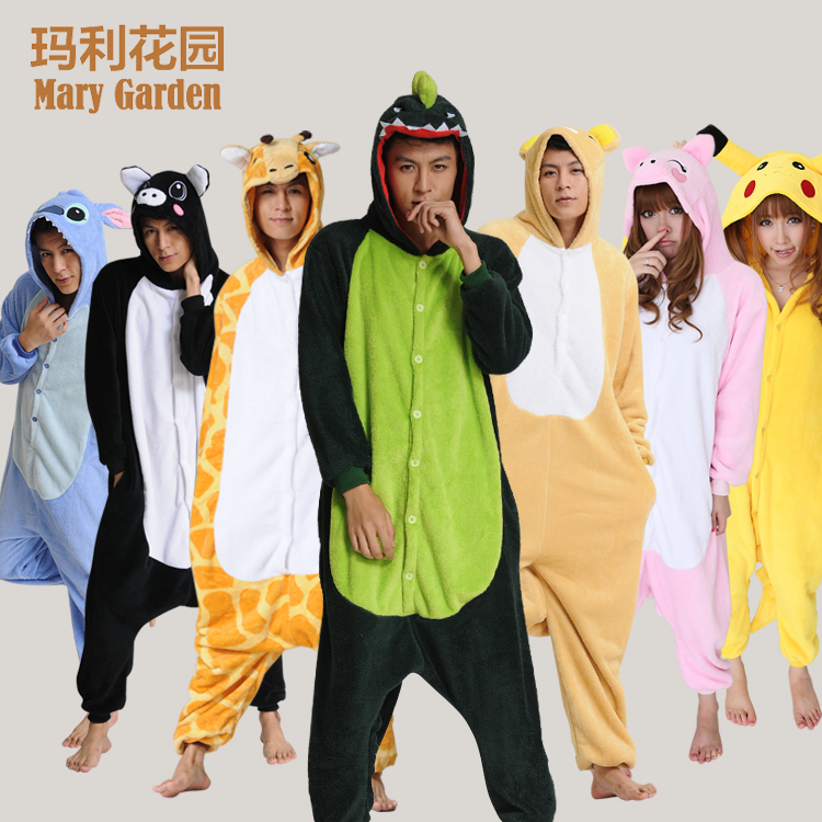 Free shipping Coral fleece sleepwear stitch cartoon animal one piece lovers lounge winter paragraph thickening