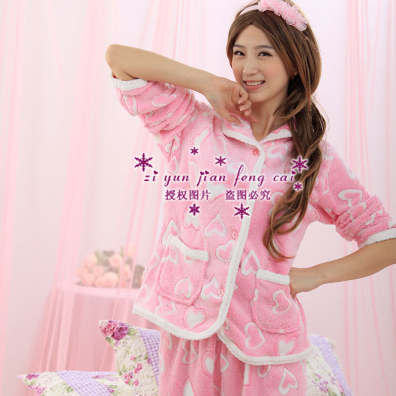 FREE SHIPPING! Coral fleece women's pure long-sleeve at home cartoon lounge set with a hood slit neckline heart sleepwear -HB