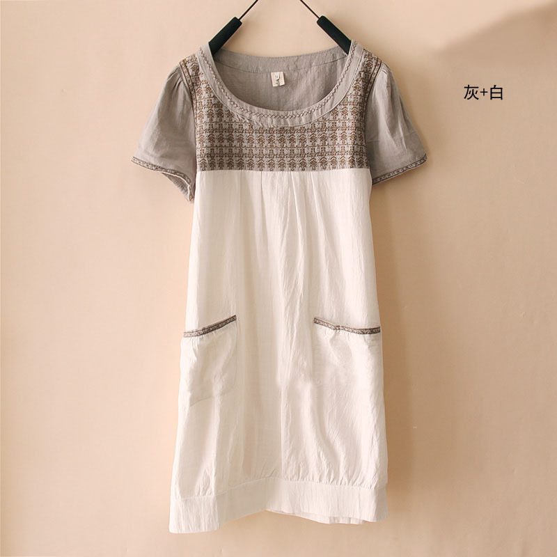 Free shipping cotton &linen dress  r o-neck loose short-sleeve  embroidered dress