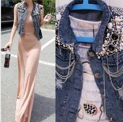 free shipping Cowboy Womens Sequins Beading Denim Blue Waist-length Outerwear Jean Vest