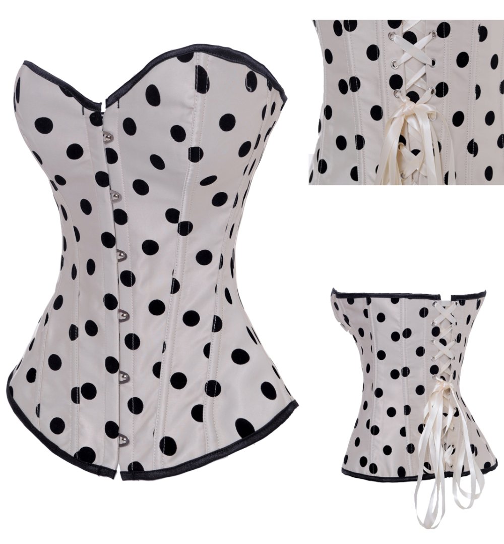 Free shipping  Cream white with Black dots lace up boned corset busiter+G-string S-2XL