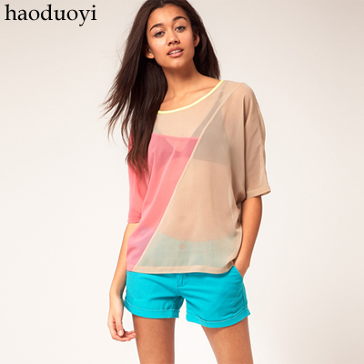 Free Shipping Croppings irregular colorant match candy color chiffon shirt irregular chiffon t-shirt 6 full