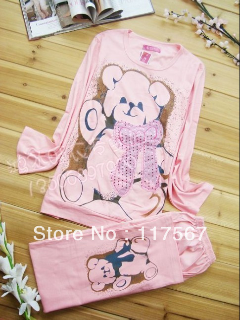 Free shipping Cute Bear Cartoon 100% Cotton Sleepwear Pink Pajamas Sets for Women