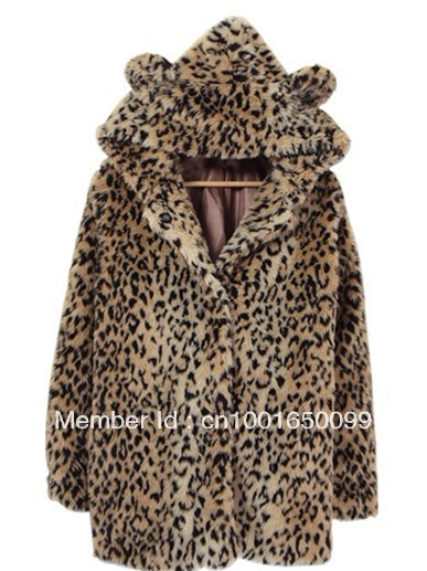 Free shipping Cute ears hooded leopard fur coat free size