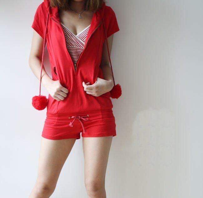 Free shipping Cute lob plush balls pumping with zippered large red hooded piece pants shorts#Y468