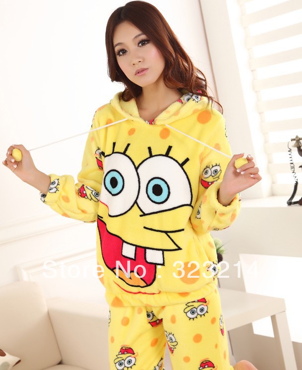 Free Shipping Cute sponge bob cotton Pajamas sets women nightclothes sleepwear warmer  pajamas