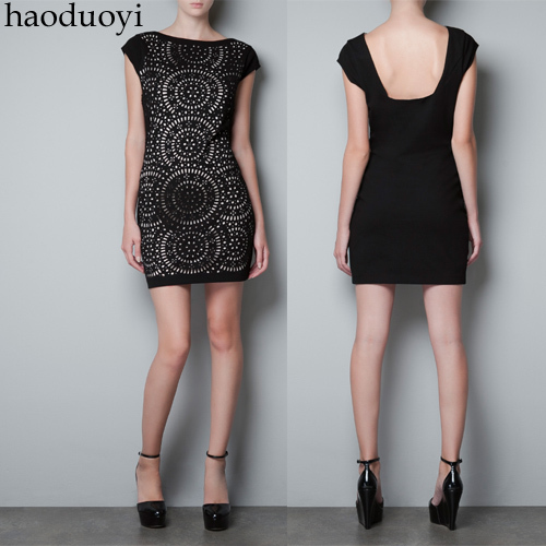 Free Shipping, Cutout lining elastic slim black one-piece dress