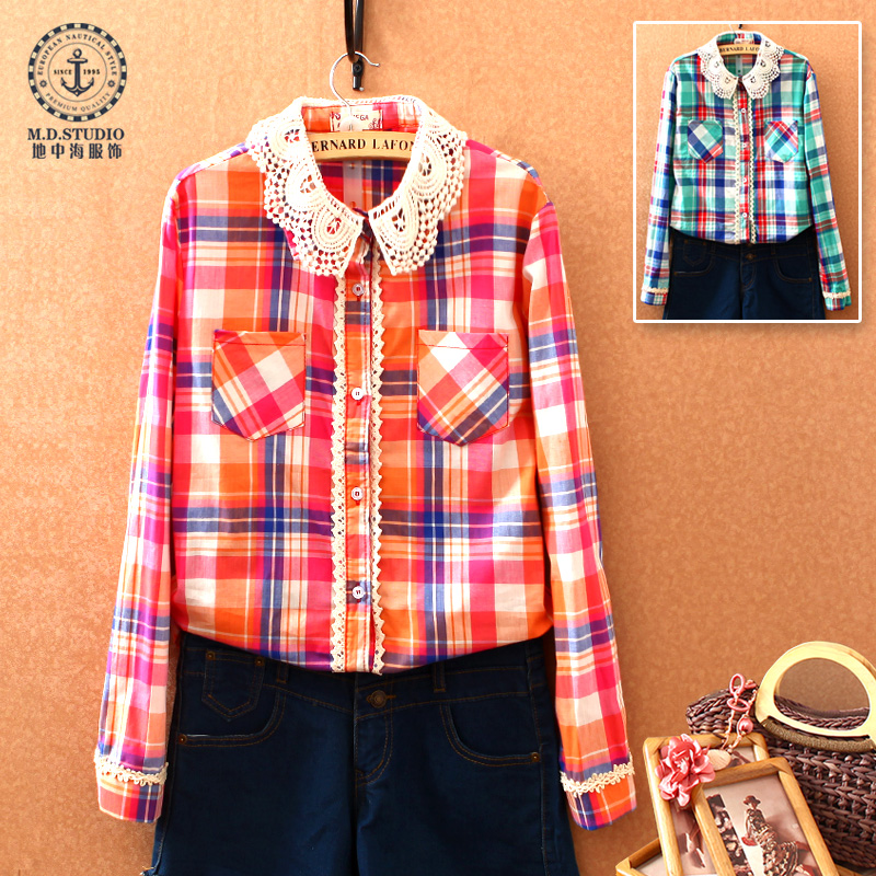 Free Shipping D1135 2013 spring female lace patchwork plaid pocket shirt long-sleeve shirt slim