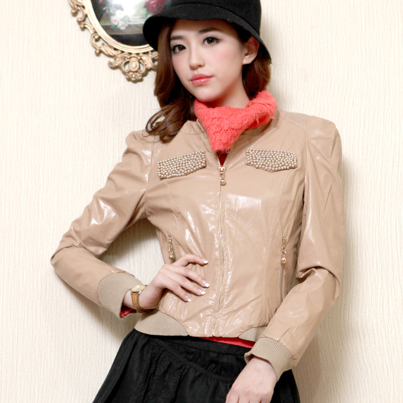 Free Shipping, D1741719 y beading zipper lace gentlewomen long-sleeve pearl leather clothing