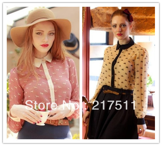 Free Shipping D412 Fashion Trend Spring New Arrival Swan/Dog Printing Color Block Turn Down Collar Button Closure Chiffon Shirt