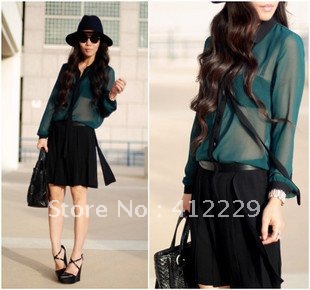 Free shipping dark green vintage bow translucent long-sleeved chiffon shirts chiffon blouse & shirt 2012 new fashion