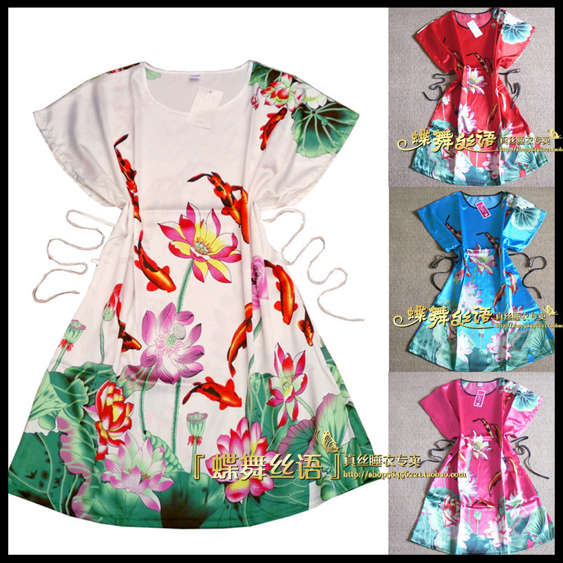 free shipping deal 16 lucky lotus fish women's short-sleeve faux silk nightgown robe silk bathrobes