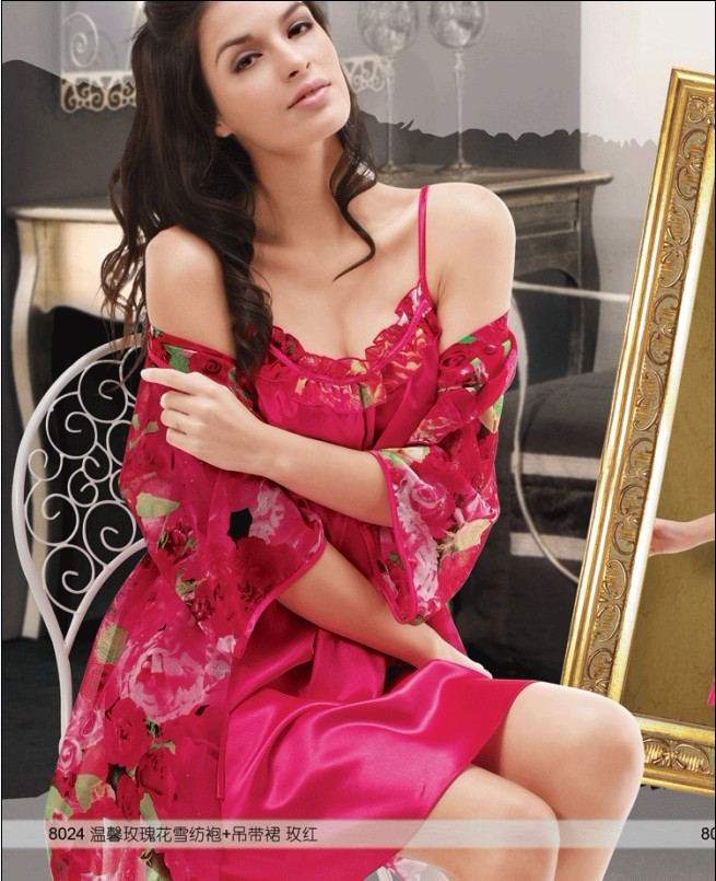 free shipping deal Rose chiffon spaghetti strap women's nightgown robe lounge set