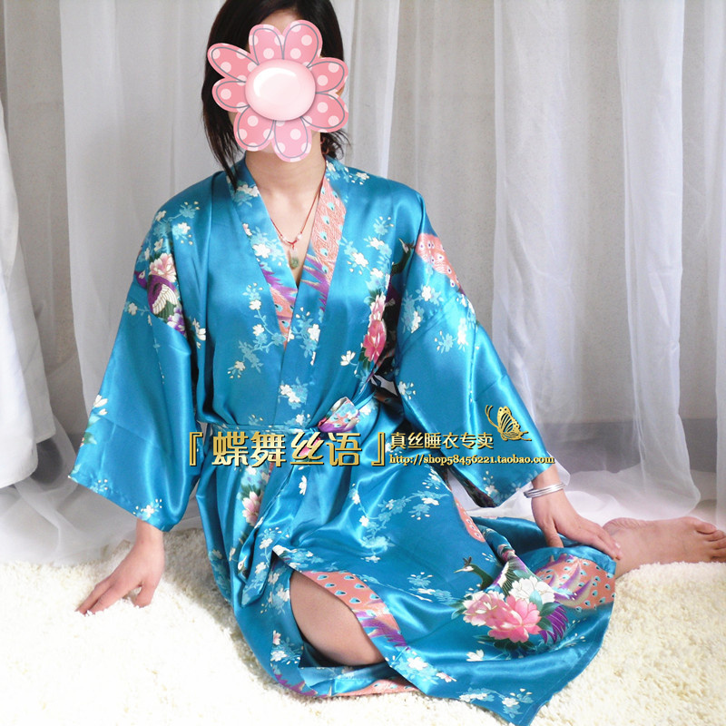 free shipping deal Vintage women's romantic spring and summer short-sleeve kimono faux silk robe bathrobes have belt