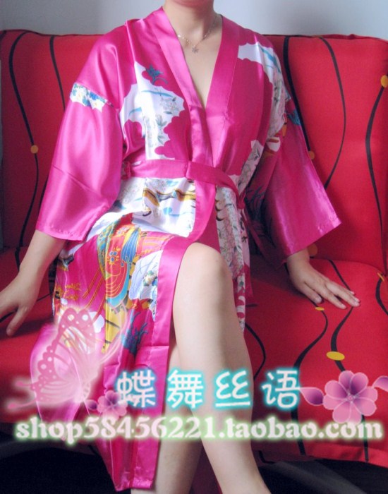 free shipping deal Women's separate plus size silk kimono robe sexy nightgown silk lounge rose